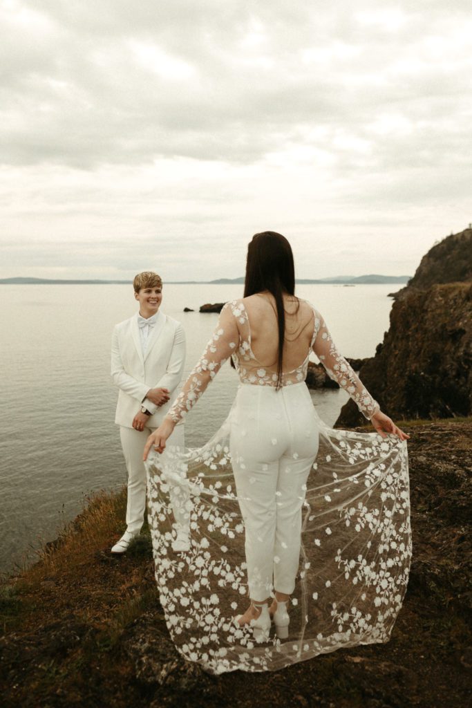 An LGBTQ+ couple on their wedding day in Deception Pass.