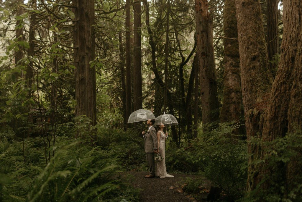 A couple standing together in the forest, which is one of the best places to elope in Washington state.