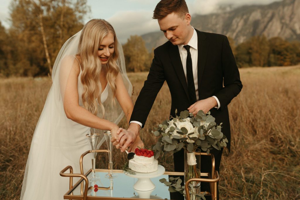 A couple cutting their cake to celebrate eloping in Washington state.