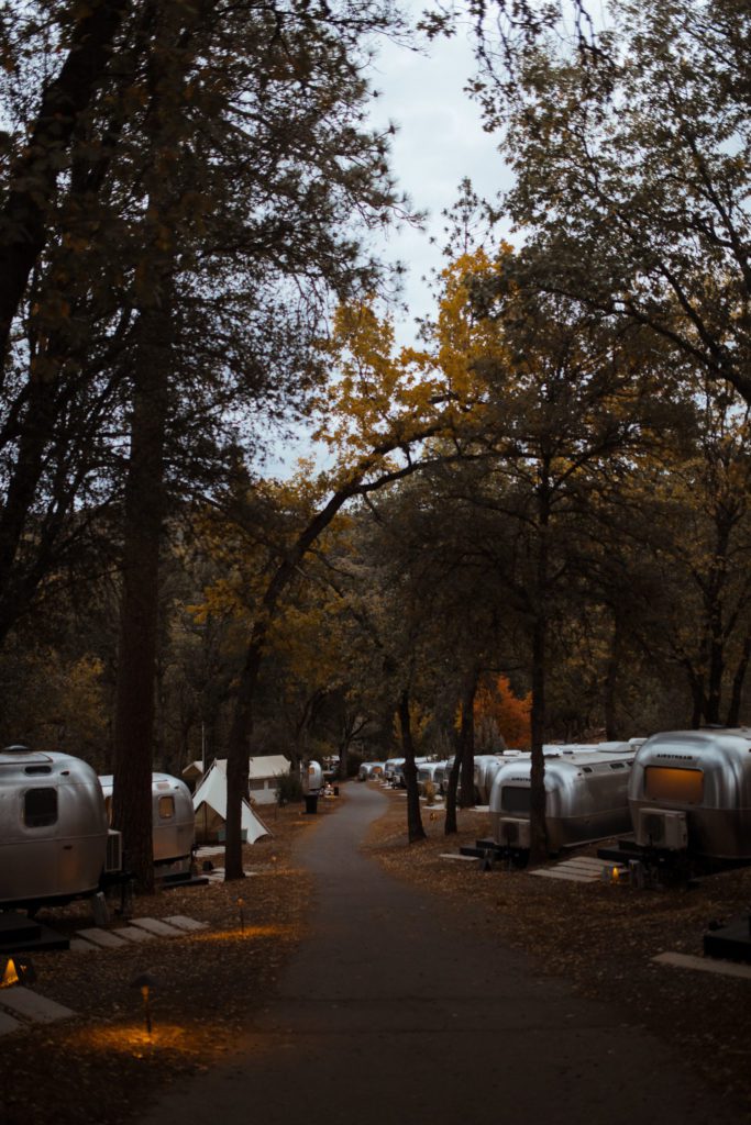 A view of all the Airstreams at Autocamp Yosemite.