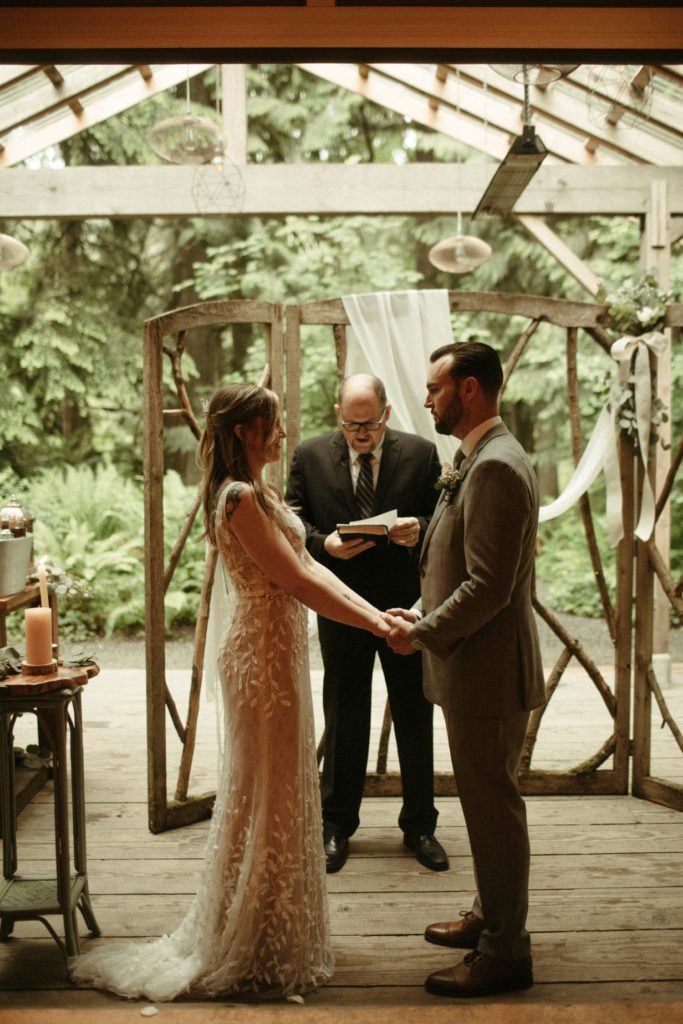 A couple's ceremony at the Treehouse Point wedding venue.