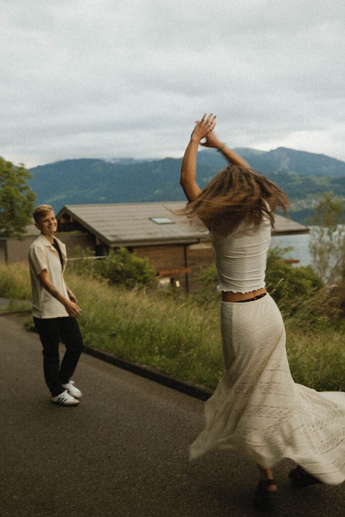 Queer engagement pictures at an airbnb in Switzerland