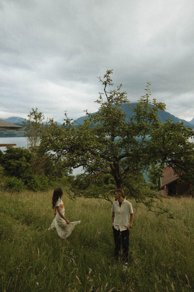 Queer engagement pictures at an airbnb in Switzerland